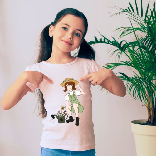 Cute Gardening and Flower Girl Brown Hair Girly T_Shirt