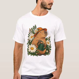 Cute Gardening Capybara with Daisies T-Shirt