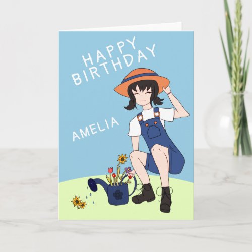 Cute Gardening Girl Flowers Black Hair Birthday  Card