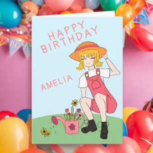 Cute Gardening Girl Flowers Blond Hair Birthday Card