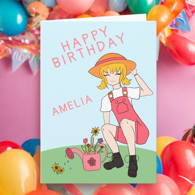 Cute Gardening Girl Flowers Blond Hair Birthday Card (Creator Uploaded)
