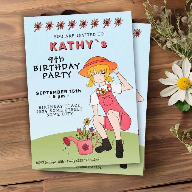 Cute Gardening Girl with Flowers Birthday  Invitation (Creator Uploaded)