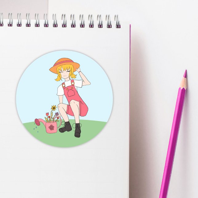 Cute Gardening Girl with Flowers Blond Hair  Classic Round Sticker (Creator Uploaded)