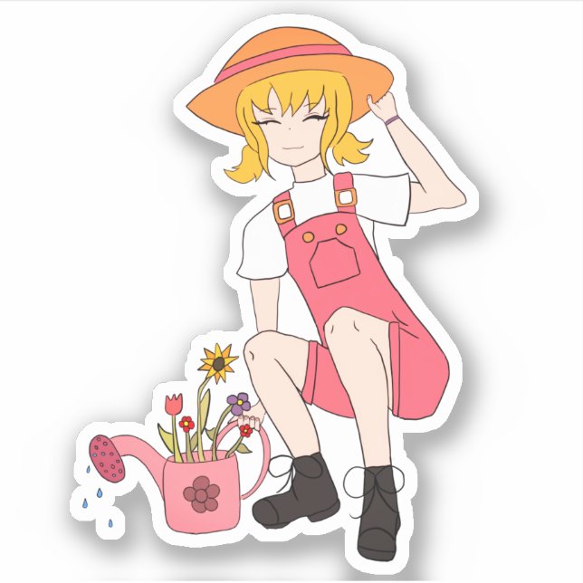 Cute Gardening Girl with Flowers Blond Hair Sticker (Front)