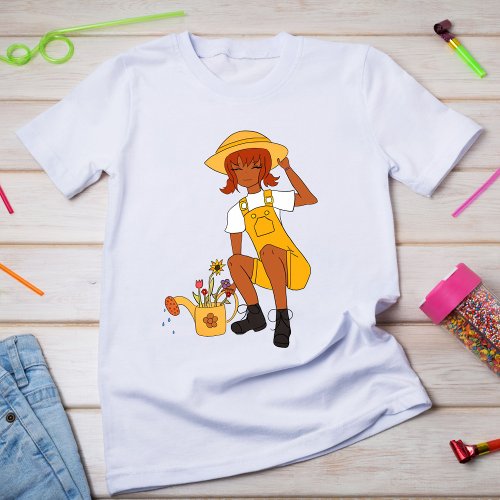 Cute Gardening Girl with Flowers Girls T_Shirt