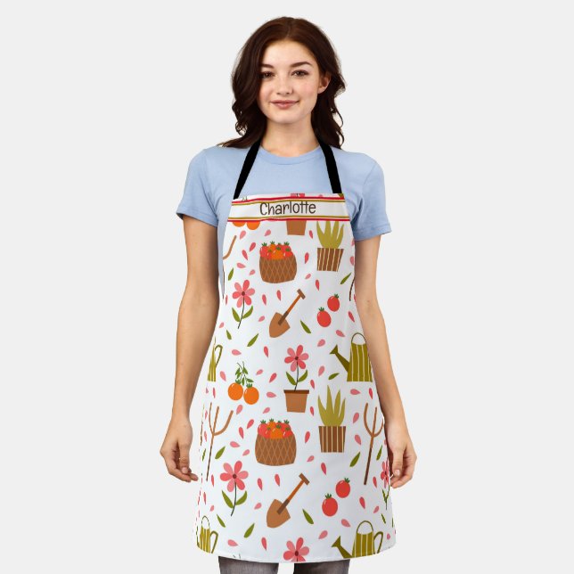 Cute Gardening Tools and Plants Seamless Pattern Apron (Worn)