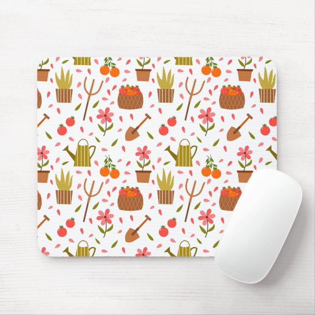 Cute Gardening Tools and Plants Seamless Pattern Mouse Pad (With Mouse)