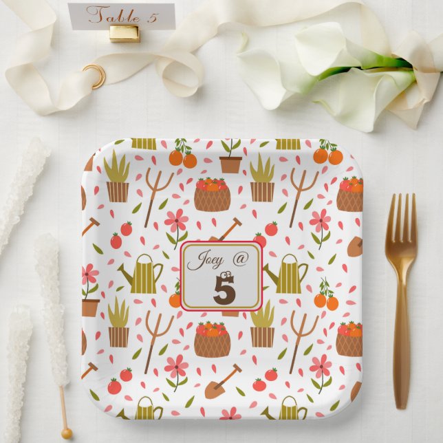 Cute Gardening Tools and Plants Seamless Pattern Paper Plates (Wedding)