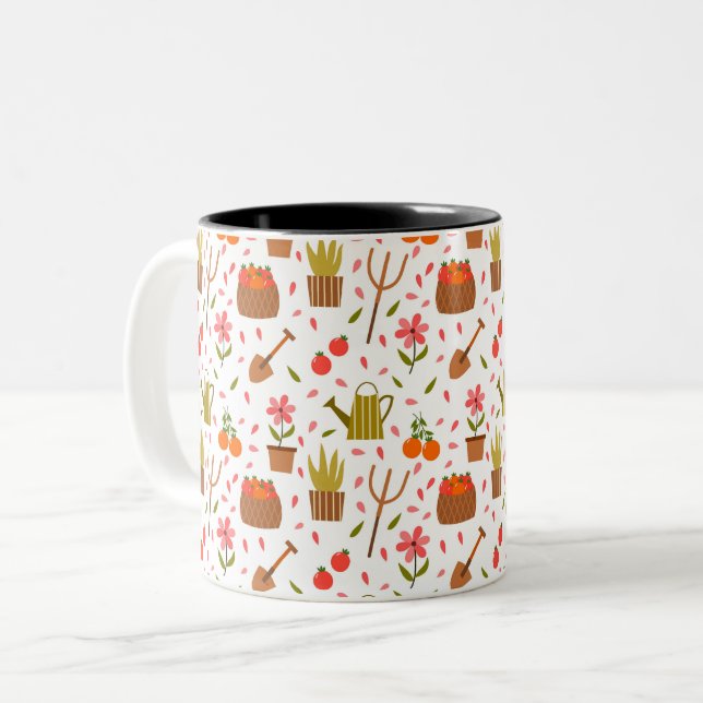 Cute Gardening Tools and Plants Seamless Pattern Two-Tone Coffee Mug (Front Left)