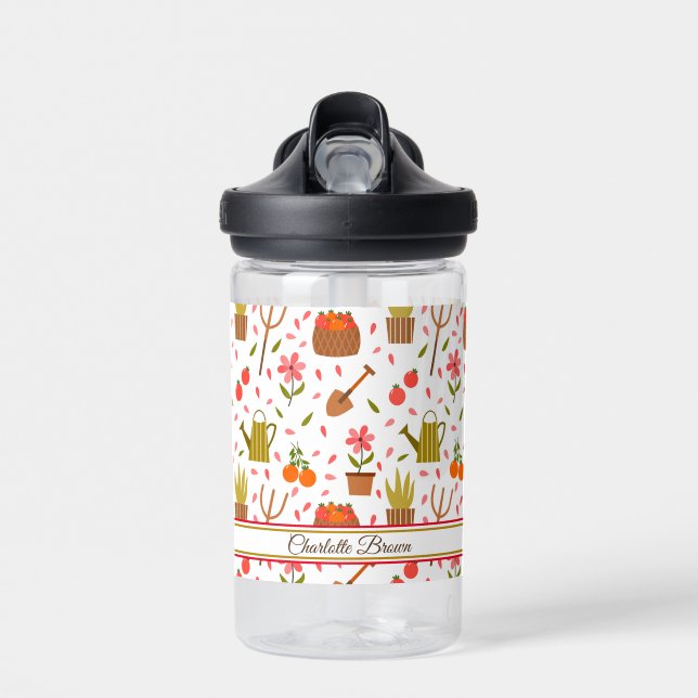 Cute Gardening Tools and Plants Seamless Pattern Water Bottle (Front)