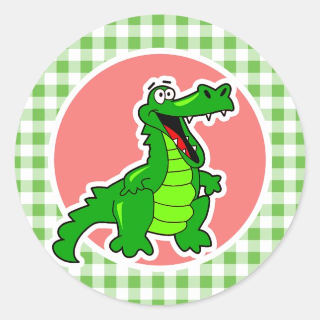Cute Gator; Green Gingham Classic Round Sticker (Front)