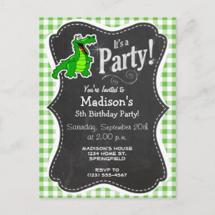 Cute Gator; Green Gingham Invitation Postcard