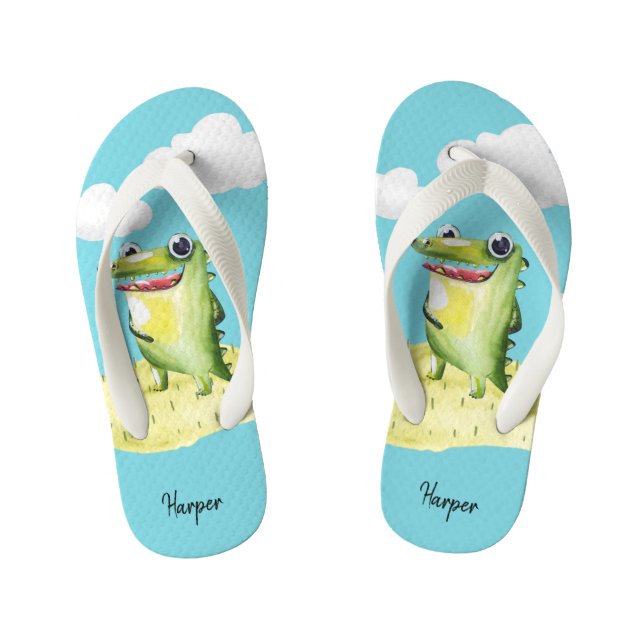 Cute Gator Illustration with Your Name Kid's Flip Flops (Footbed)