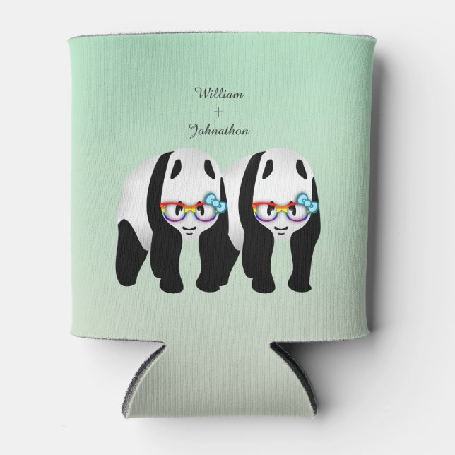 Cute Gay Pandas Rainbow Glasses Wedding Favor Can Cooler (Front)