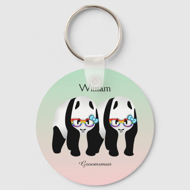 Cute Gay Pandas Rainbow Wearing Glasses Keychain (Front)