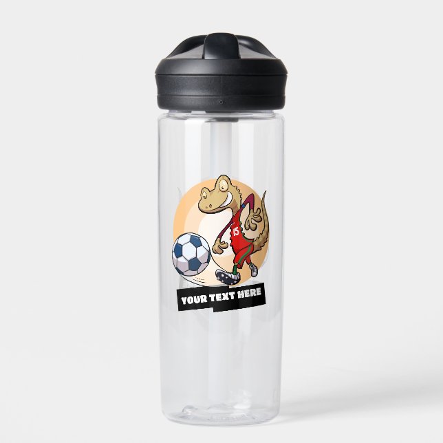 Cute Gecko Add Your Text Soccer Player Cartoon Water Bottle (Front)