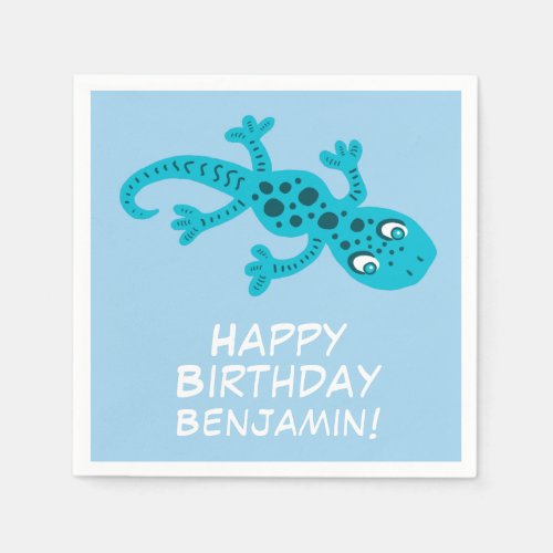Cute Gecko Blue Name Kid`s Birthday Party Napkins - Cute Gecko Blue Name Kid`s Birthday Party Napkins. The napkins have a cute blue gecko. The background is blue. Personalizable napkins with a Happy Birthday text and a child`s name. Easily personalize the napkins. Great for a girl`s or boy`s birthday party.
