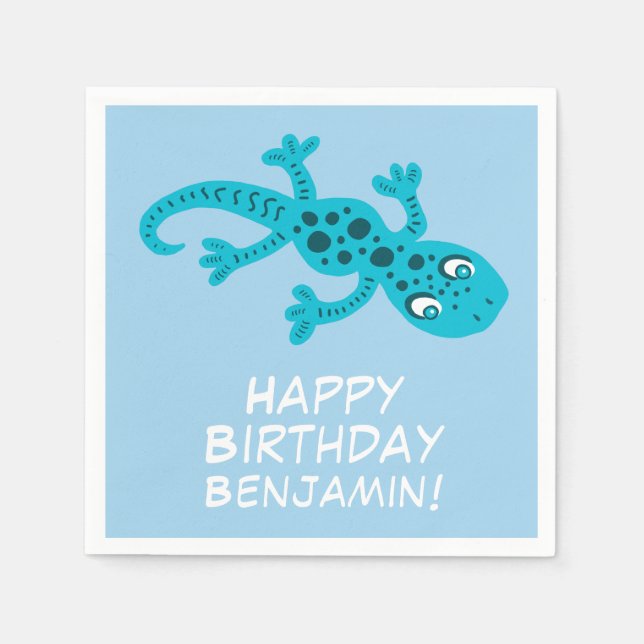 Cute Gecko Blue Name Kid`s Birthday Party Napkins (Front)
