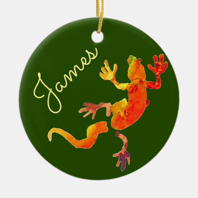 Cute gecko eco watercolor Christmas name Ceramic Ornament (Front)