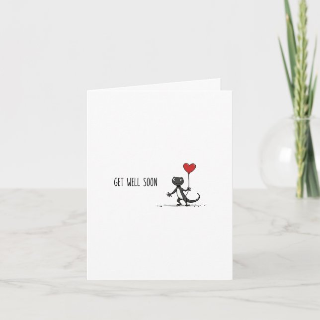Cute Gecko Get Well Card With Heart Balloon (Front)