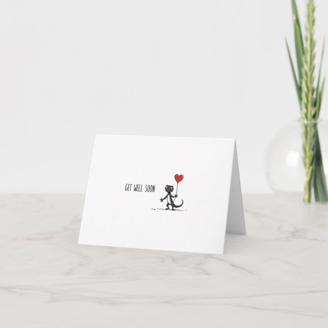 Cute Gecko Get Well Card With Heart Balloon (Front)