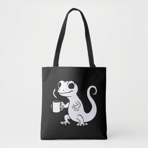 cute gecko holding a coffee mug tote bag