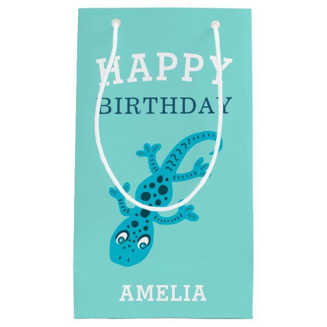 Cute Gecko Lizard Blue Boy Kids Birthday Small Gift Bag (Front)