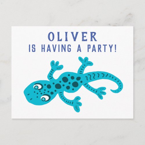 Cute Gecko Lizard Blue Kids Birthday Party Invitation Postcard