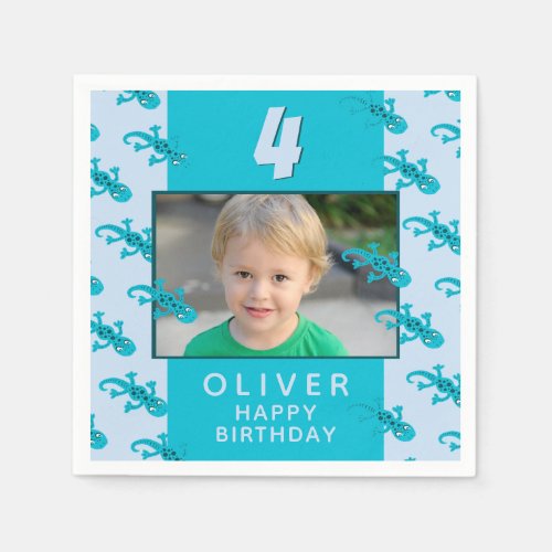 Cute Gecko Lizard Kid`s Birthday Party Photo Napkins - Cute Gecko Lizard Kid`s Birthday Party Photo Napkins. Cute gecko pattern on dark blue. The geckos have dark spots. Add your favorite photo and create sweet birthday party napkins for children.