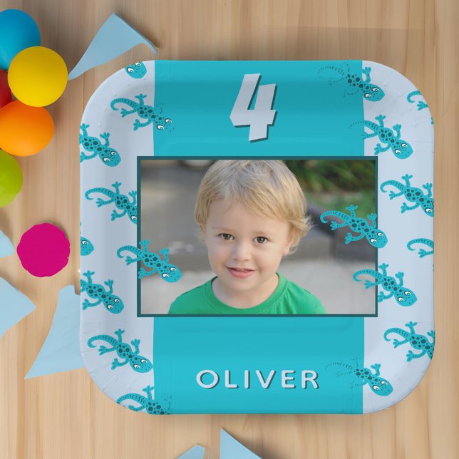 Cute Gecko Lizard Kid`s Birthday Party Photo Paper Plates (Creator Uploaded)