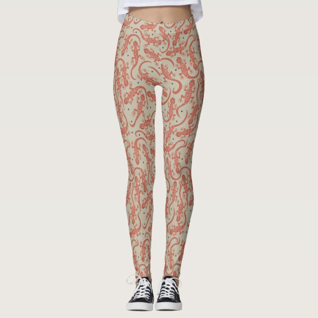 Cute Gecko Lizard Pattern in Terracotta & Beige Leggings (Front)