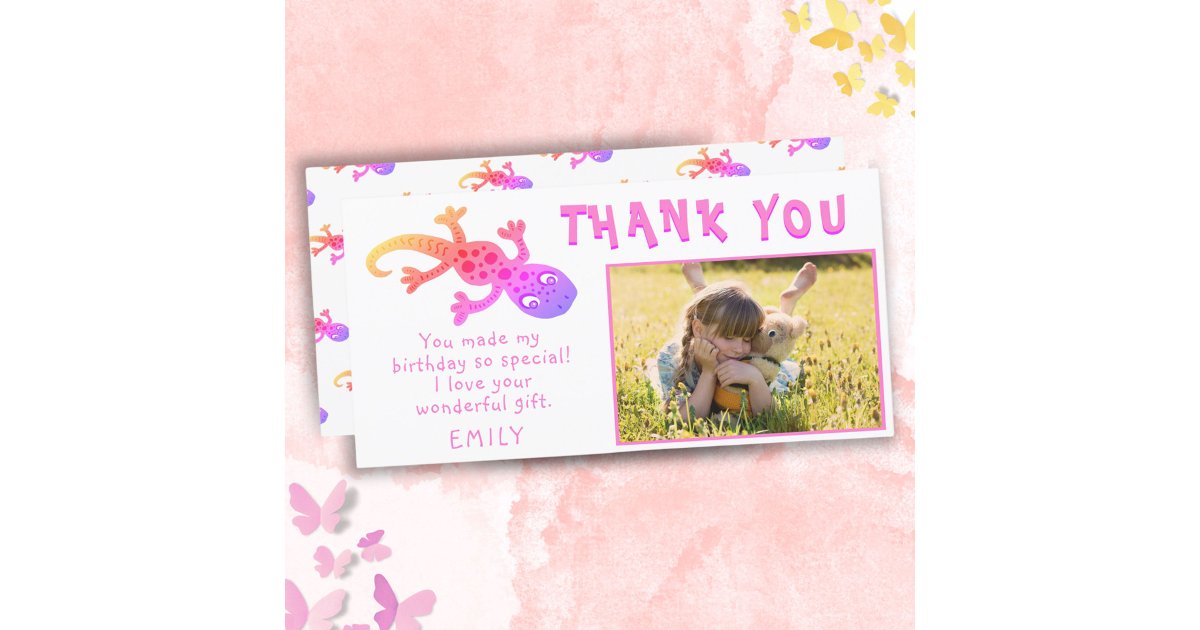 Lizard Thanks Cute Gecko Lizard Pink Girly Birthday Photo Thank You Card | Zazzle