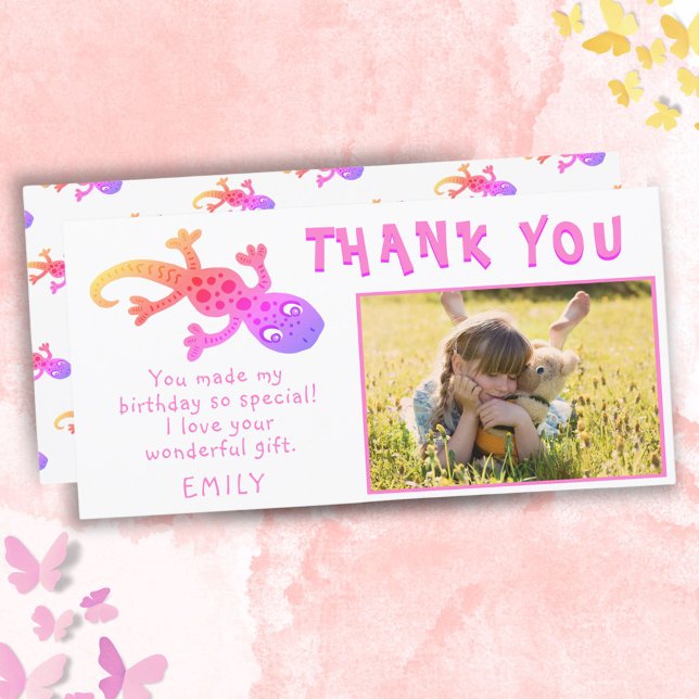 Cute Gecko Lizard Pink Girly Birthday Photo Thank You Card (Creator Uploaded)