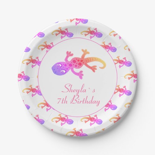 Cute Gecko Lizard Pink Rainbow Girls Birthday Paper Plates