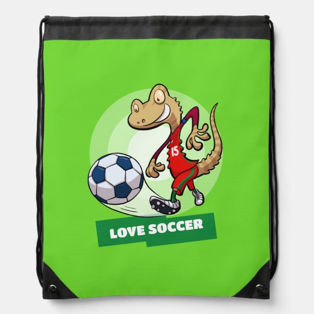 Cute Gecko Love Soccer Funny Soccer Player Cartoon Drawstring Bag (Front)