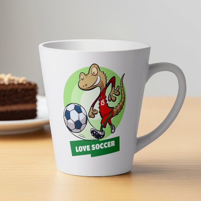 Cute Gecko Love Soccer Funny Soccer Player Cartoon Latte Mug (Creator Uploaded)