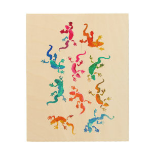 Cute geckos lizard watercolor illustration wood wall art