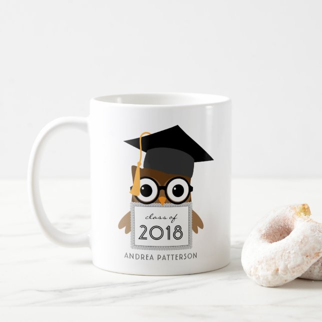 Cute Geeky Graduate Owl Personalized Graduation Coffee Mug (With Donut)