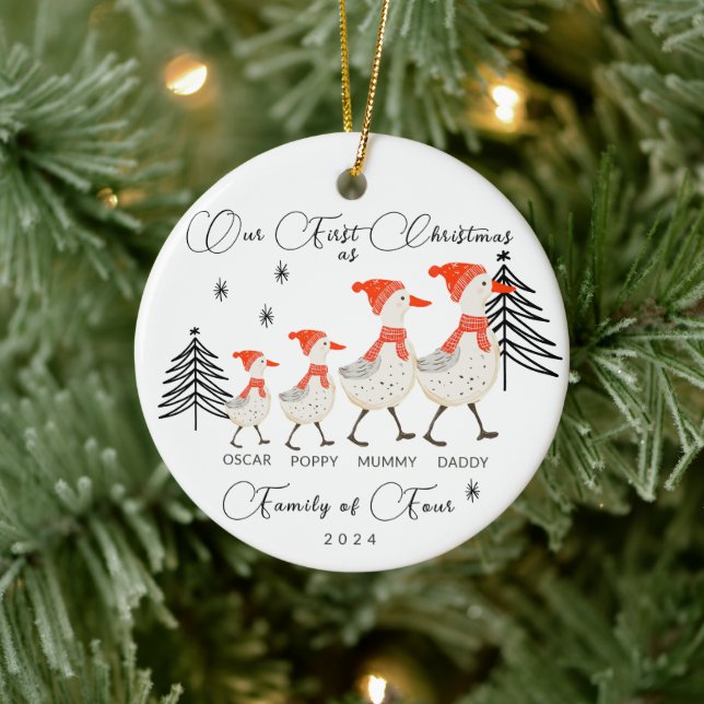Cute Geese Family of Four First Christmas Ceramic Ornament (Tree)