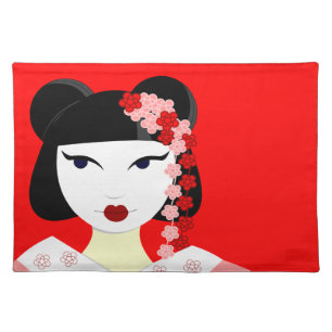 Cute Geisha with Flowers - Red Placemat