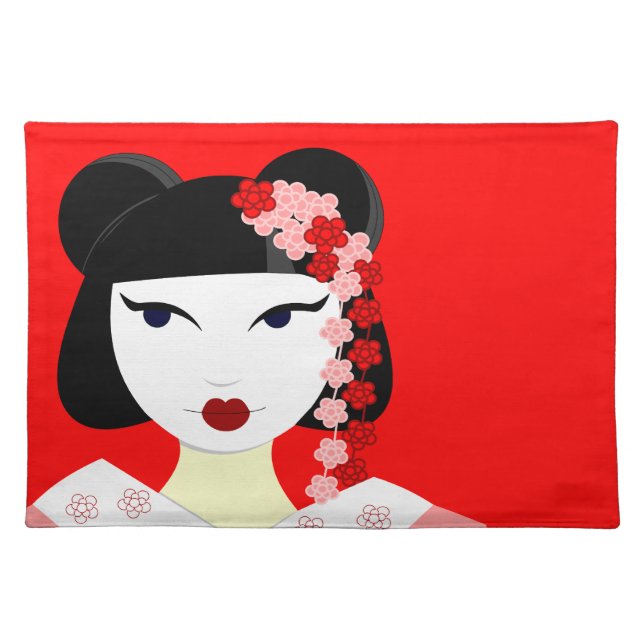 Cute Geisha with Flowers - Red Placemat (Front)