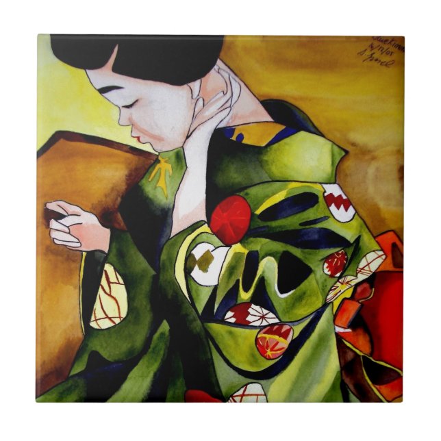 Cute Geisha with green kimono original art Ceramic Tile (Front)