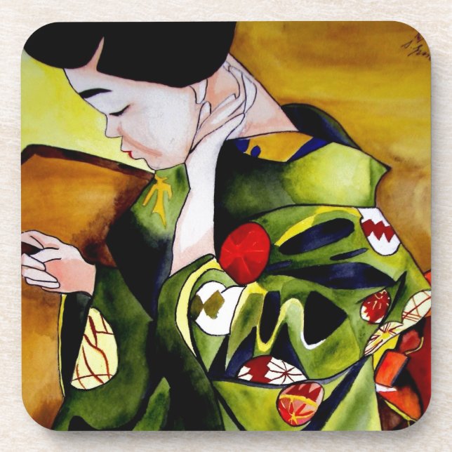 Cute Geisha with green kimono original art Coaster (Front)