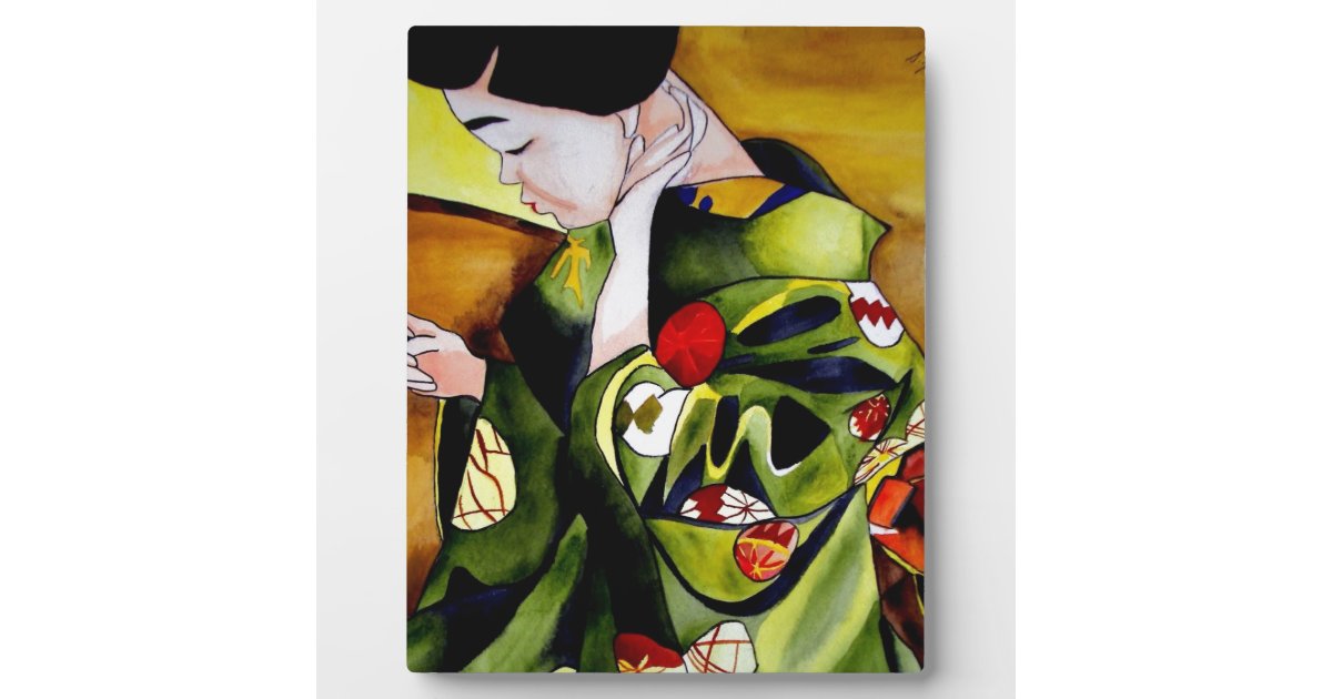 Cute Geisha with green kimono original art Plaque | Zazzle