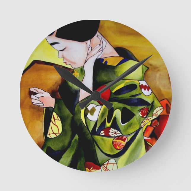 Cute Geisha with green kimono original art Round Clock (Front)