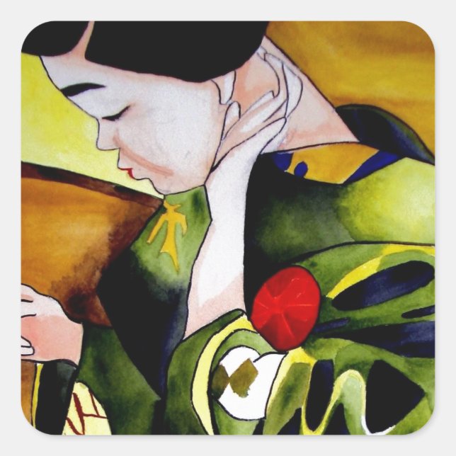 Cute Geisha with green kimono original art Square Sticker (Front)