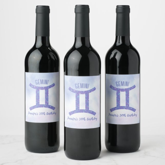 Cute Gemini Astrology Sign Personalized Purple Wine Label (Bottles)