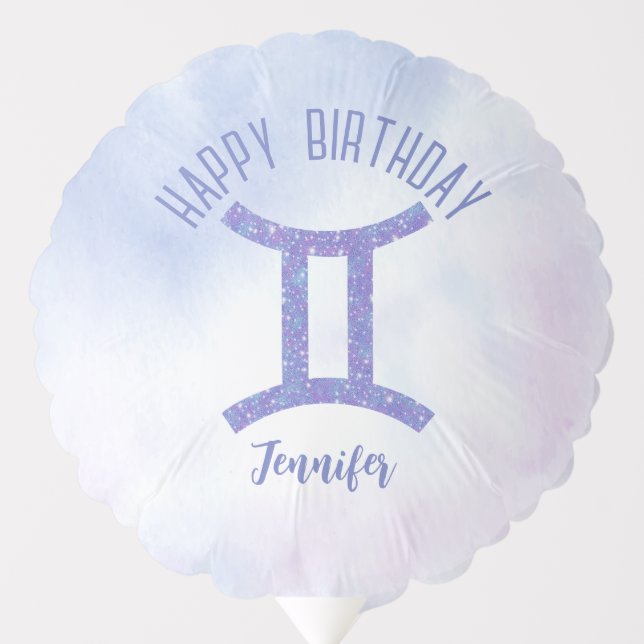 Cute Gemini Sign Custom Purple Happy Birthday Balloon (Front)