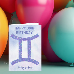 Cute Gemini Sign Custom Purple Happy Birthday Card