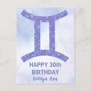 Cute Gemini Sign Custom Purple Happy Birthday Postcard